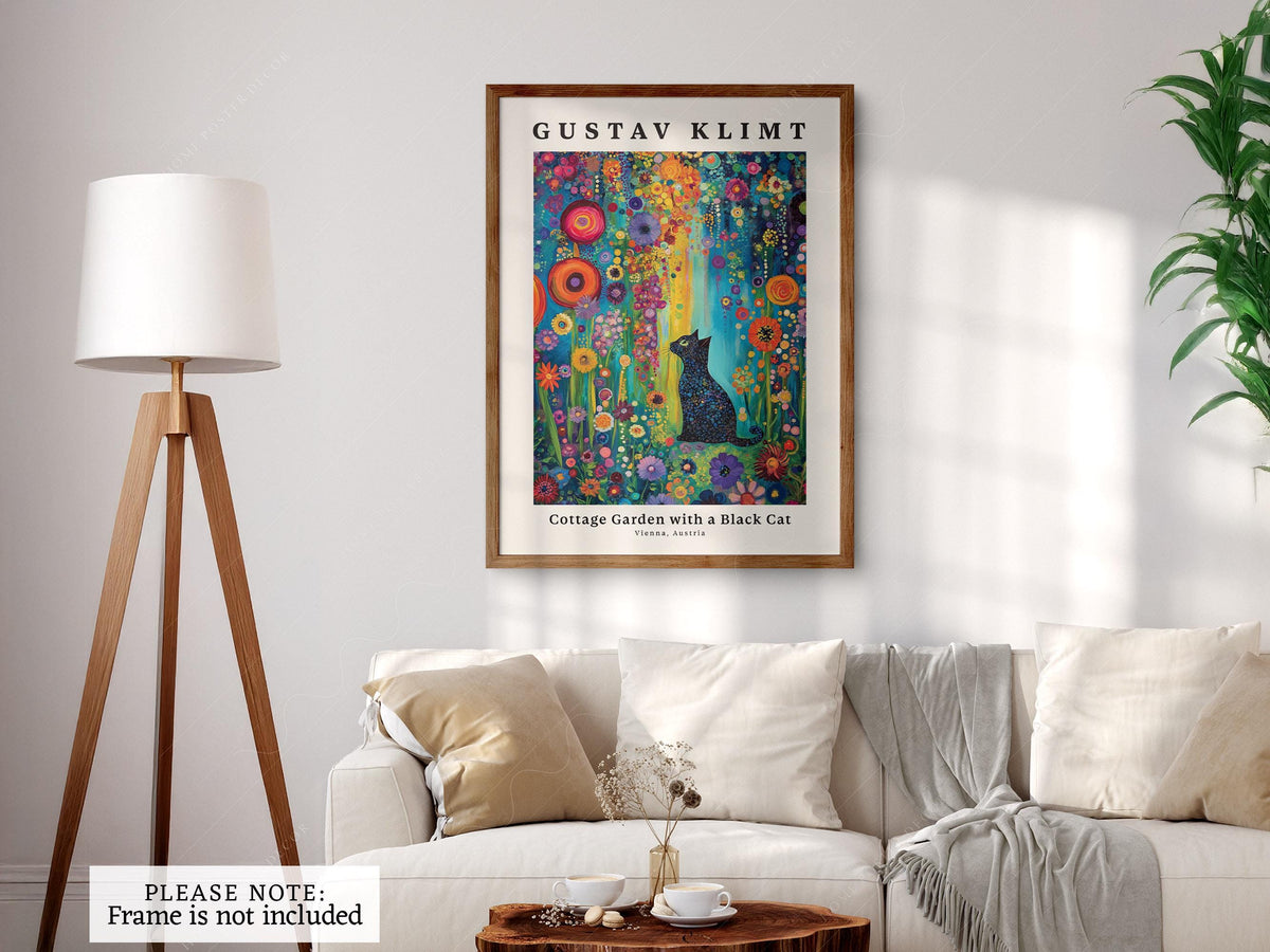 Gustav Klimt Cottage Garden with Black Cat Print – Colorful Wall Art