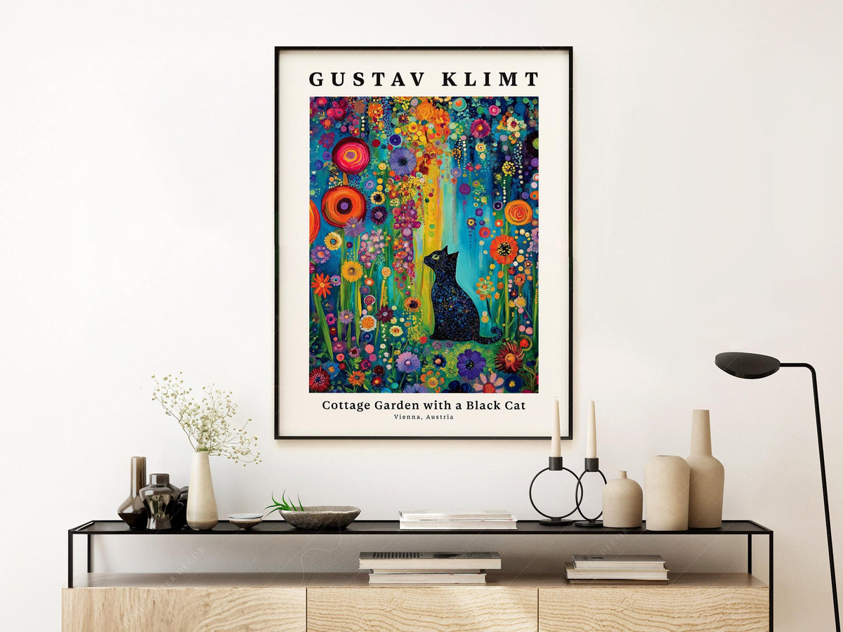 Gustav Klimt Cottage Garden with Black Cat Print – Colorful Wall Art
