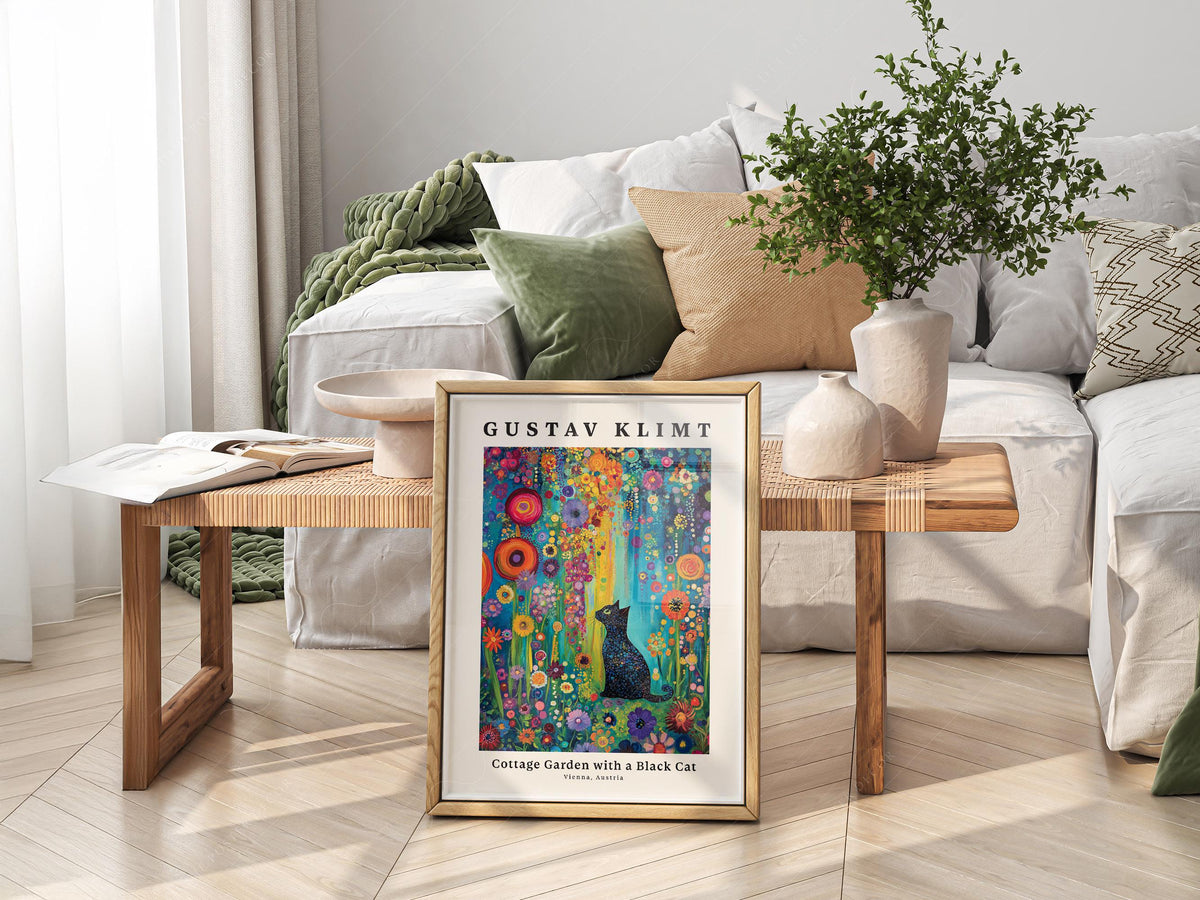 Gustav Klimt Cottage Garden with Black Cat Print – Colorful Wall Art