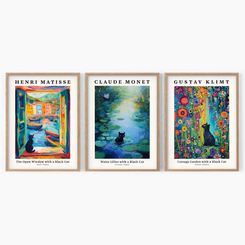 Black Cat Art Print Set of 3 – Matisse Monet Klimt Style Wall Art