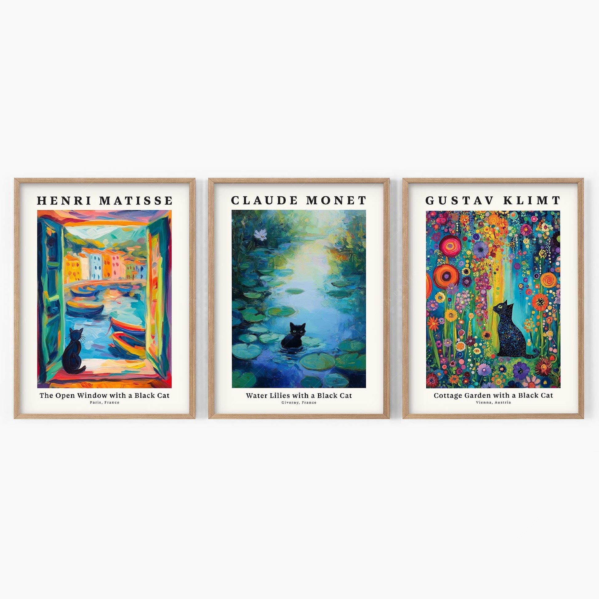 Black Cat Art Print Set of 3 – Matisse Monet Klimt Style Wall Art