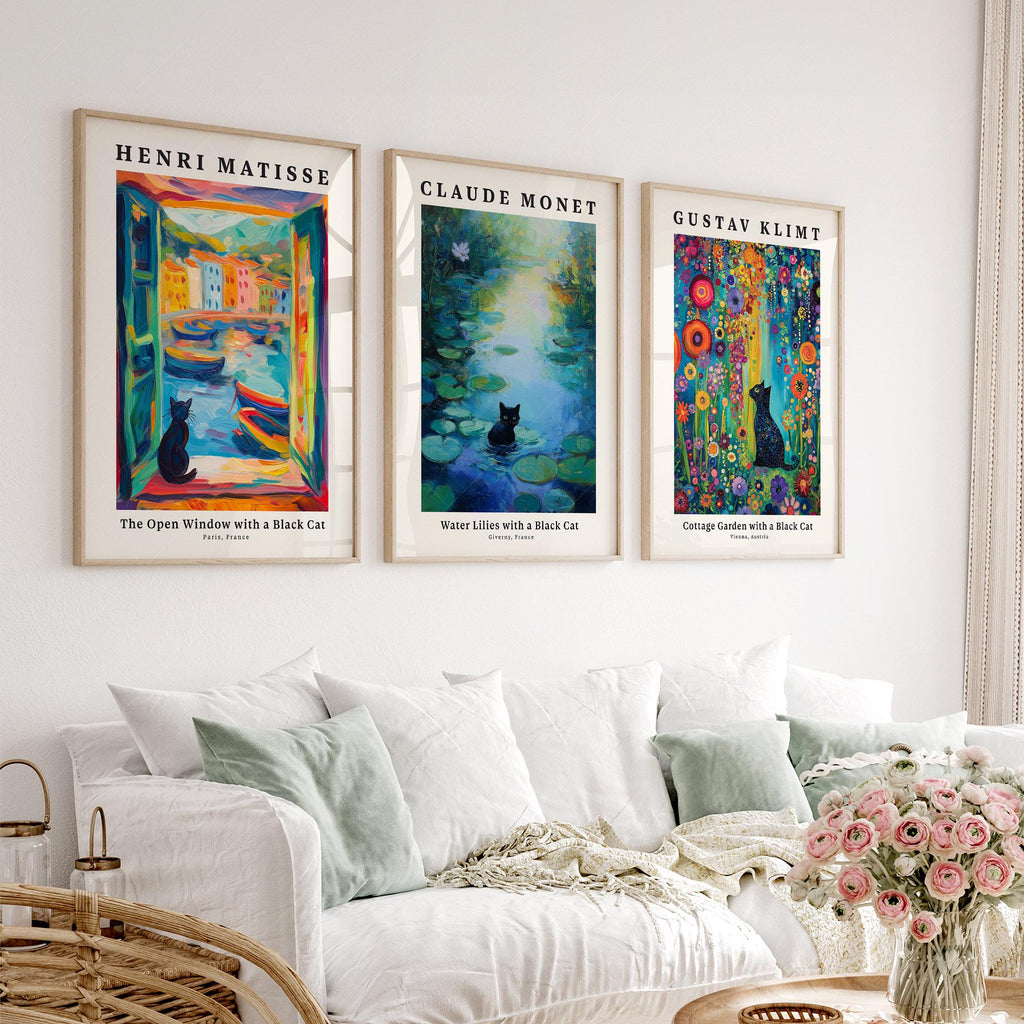 Black Cat Art Print Set of 3 – Matisse Monet Klimt Style Wall Art