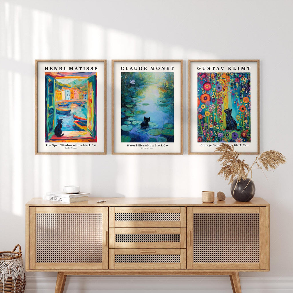 Black Cat Art Print Set of 3 – Matisse Monet Klimt Style Wall Art