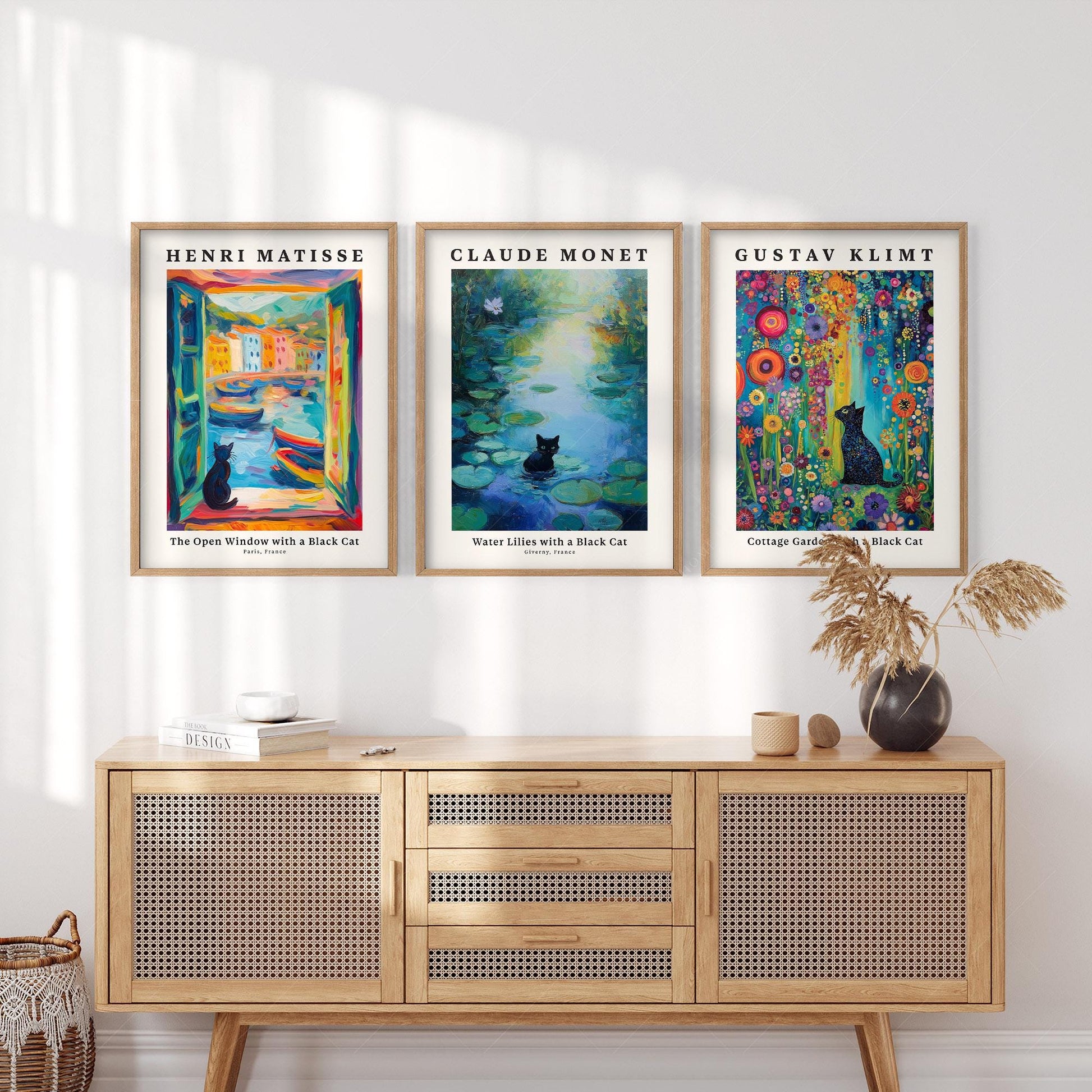 Black Cat Art Print Set of 3 – Matisse Monet Klimt Style Wall Art