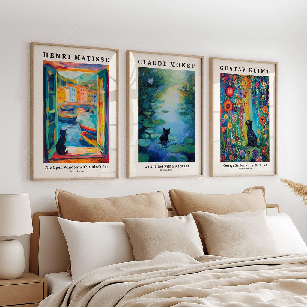 Black Cat Art Print Set of 3 – Matisse Monet Klimt Style Wall Art