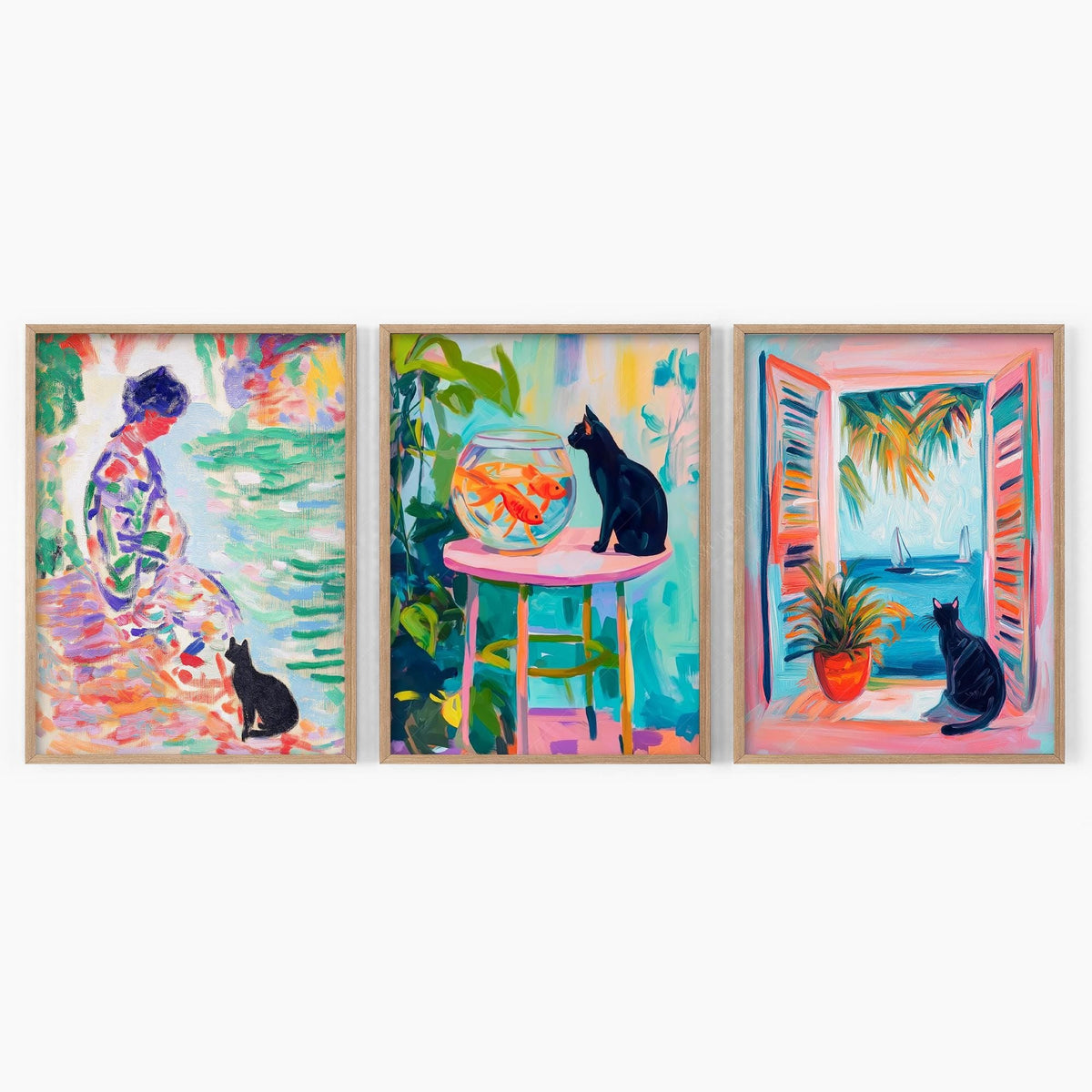 Matisse Inspired Black Cat Art Print Set of 3 – Colorful Wall Art Decor