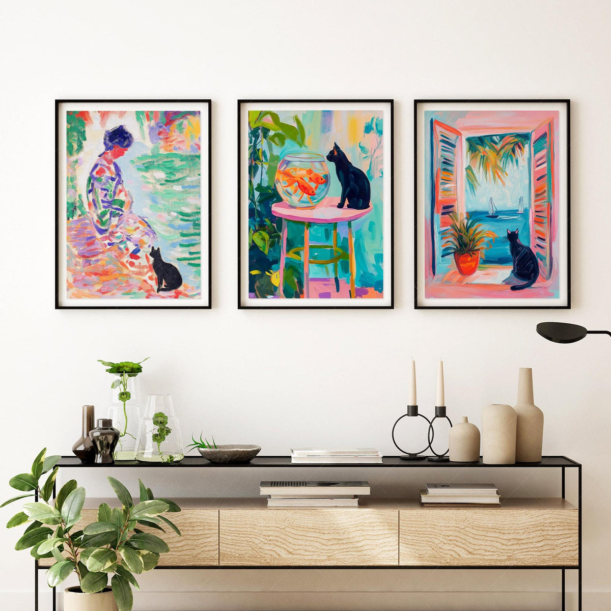 Matisse Inspired Black Cat Art Print Set of 3 – Colorful Wall Art Decor