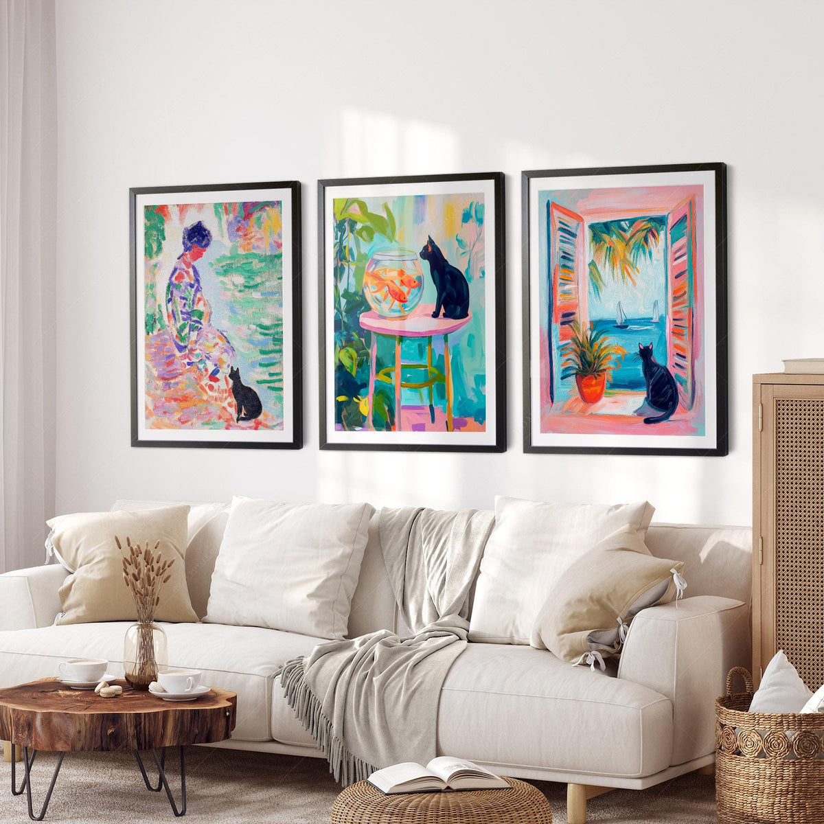 Matisse Inspired Black Cat Art Print Set of 3 – Colorful Wall Art Decor