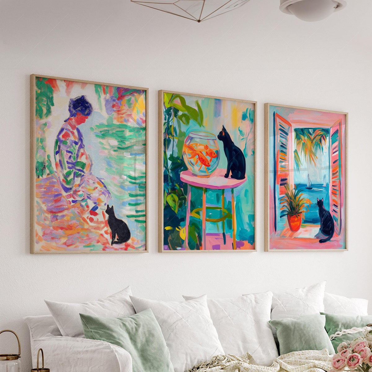 Matisse Inspired Black Cat Art Print Set of 3 – Colorful Wall Art Decor