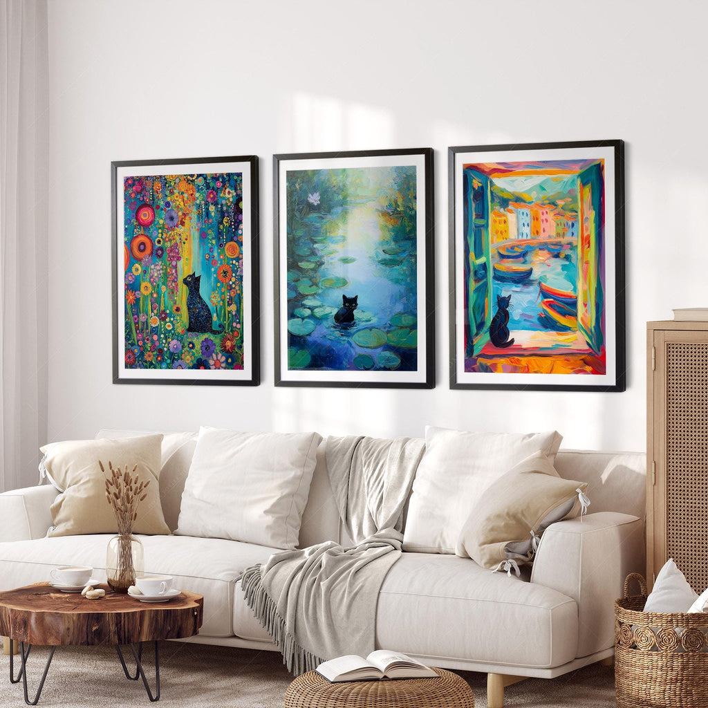 Black Cat Art Print Set of 3 – Famous Paintings Inspired Wall Art Posters