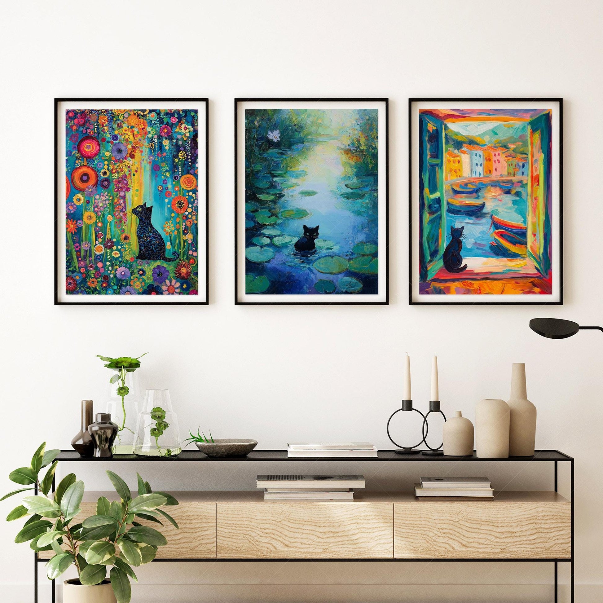 Black Cat Art Print Set of 3 – Famous Paintings Inspired Wall Art Posters