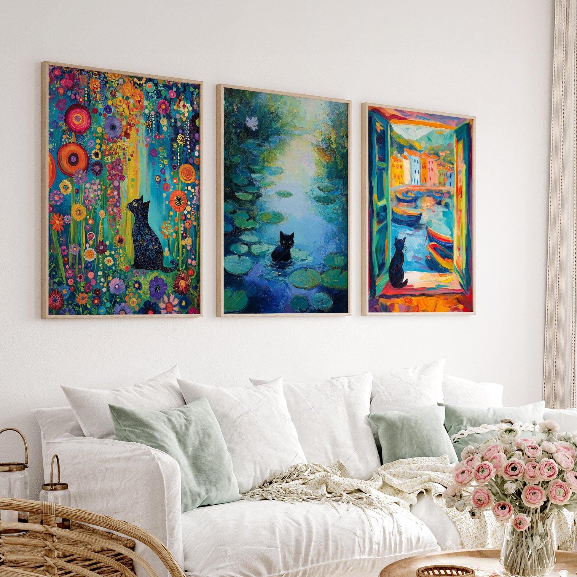 Black Cat Art Print Set of 3 – Famous Paintings Inspired Wall Art Posters