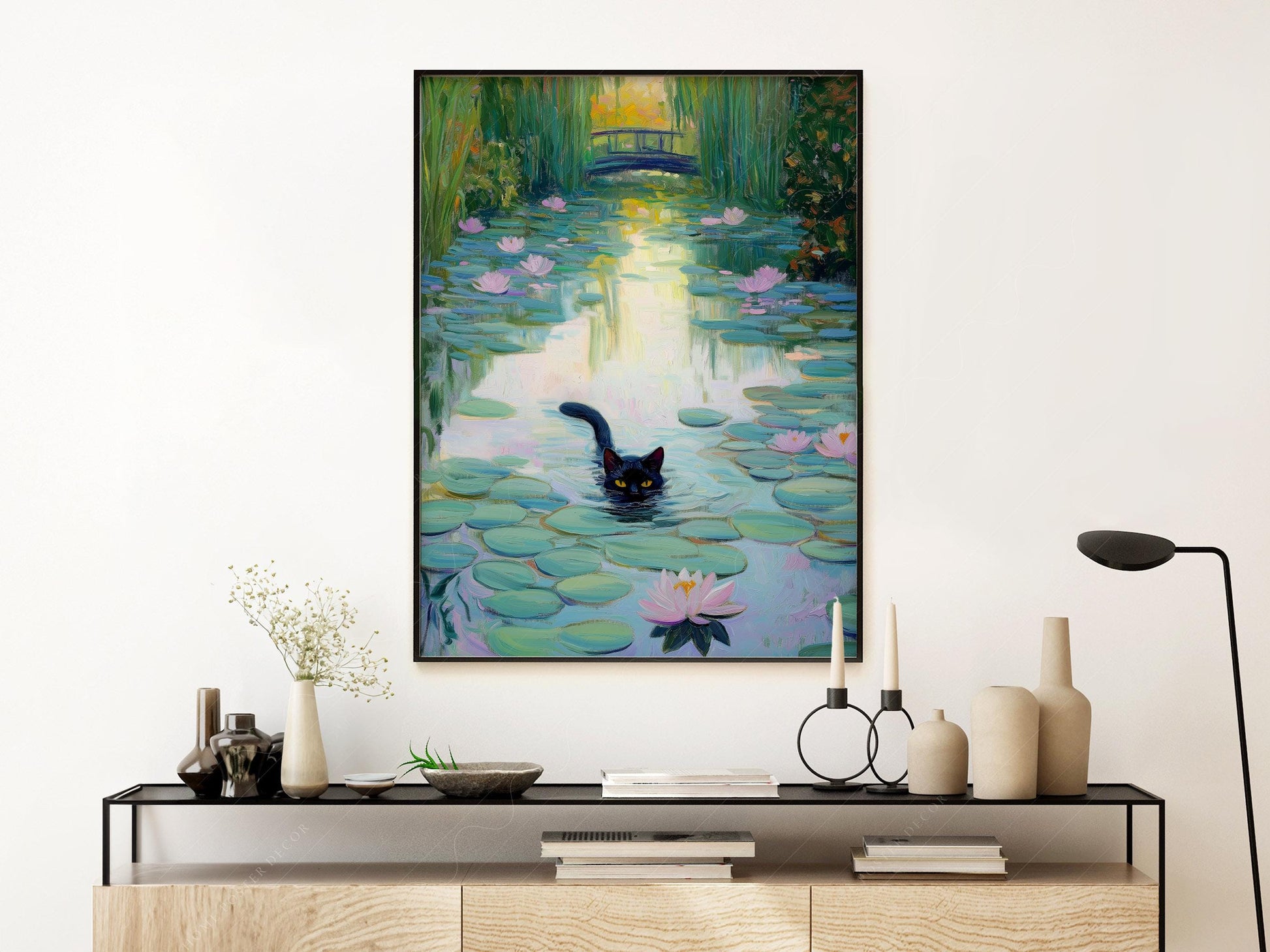 Monet Water Lilies Black Cat Print – Funny Cat Lover Wall Art Poster
