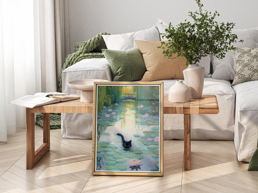 Monet Water Lilies Black Cat Print – Funny Cat Lover Wall Art Poster