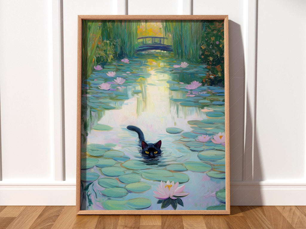 Monet Water Lilies Black Cat Print – Funny Cat Lover Wall Art Poster