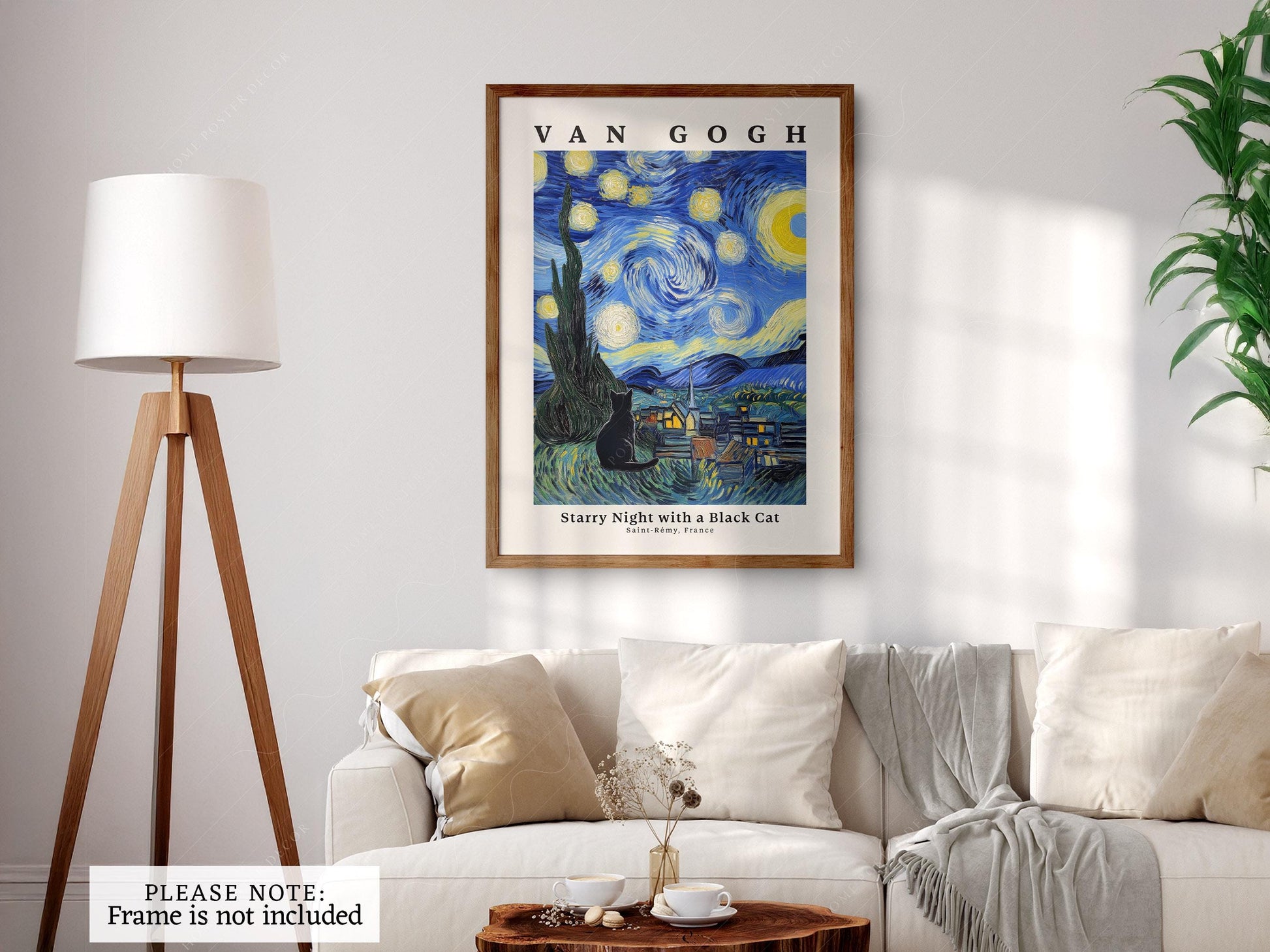 Van Gogh Starry Night with Black Cat Print – Funny Cat Lover Wall Art