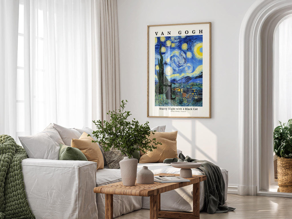 Van Gogh Starry Night with Black Cat Print – Funny Cat Lover Wall Art