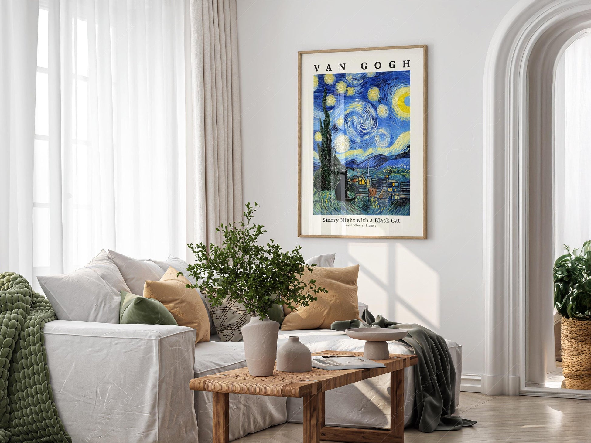 Van Gogh Starry Night with Black Cat Print – Funny Cat Lover Wall Art