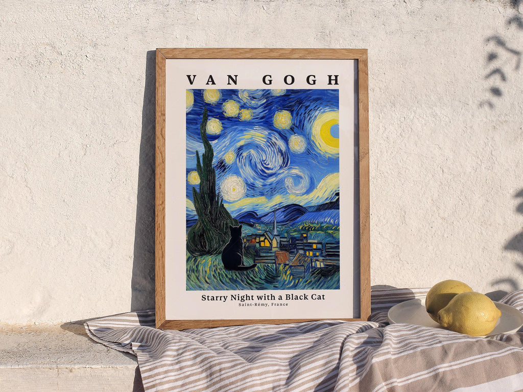 Van Gogh Starry Night with Black Cat Print – Funny Cat Lover Wall Art
