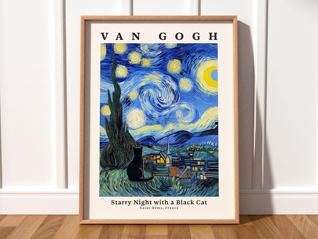 Van Gogh Starry Night with Black Cat Print – Funny Cat Lover Wall Art