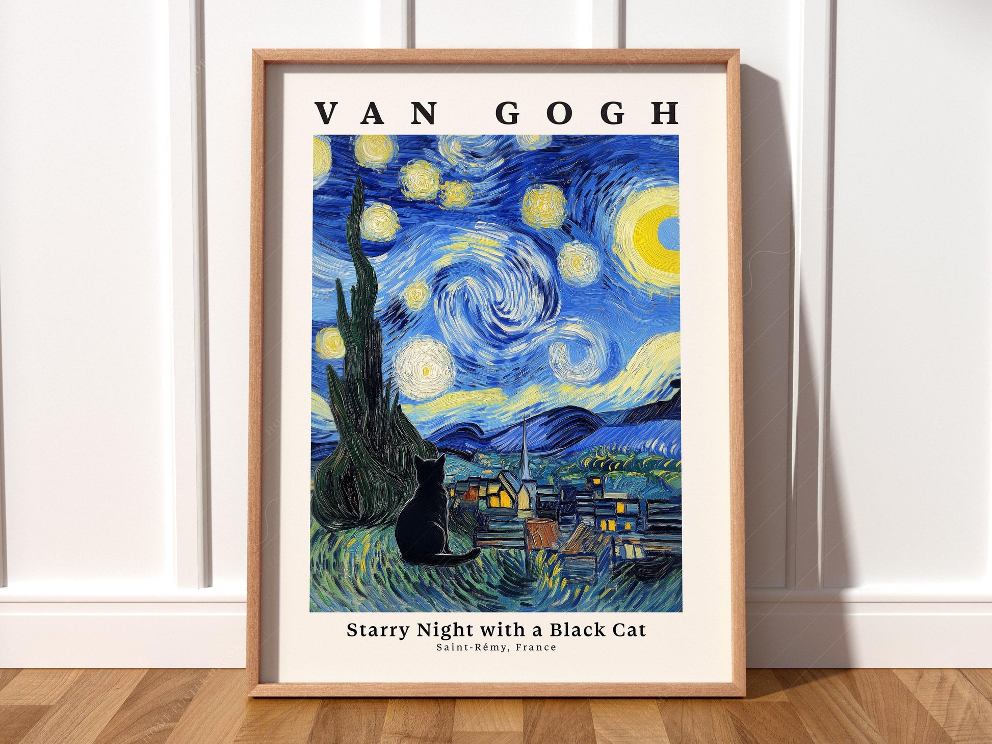Van Gogh Starry Night with Black Cat Print – Funny Cat Lover Wall Art