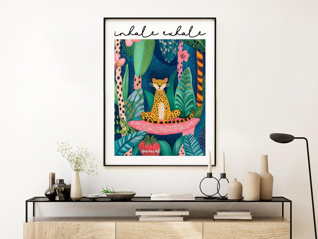 Inhale Exhale Cheetah Art Print – Maximalist Jungle Zen Wall Decor
