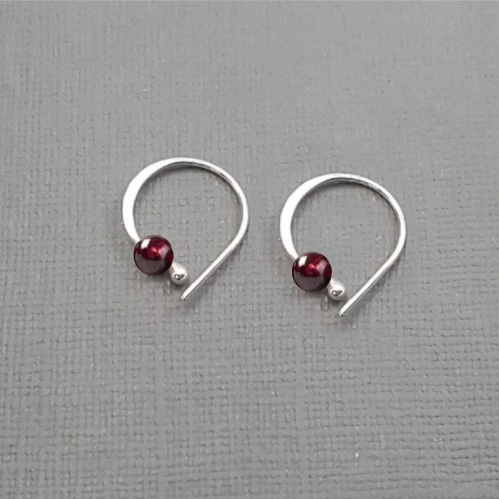 Sterling Silver Sleeper Hoop Earrings: Onyx Bead, Unisex