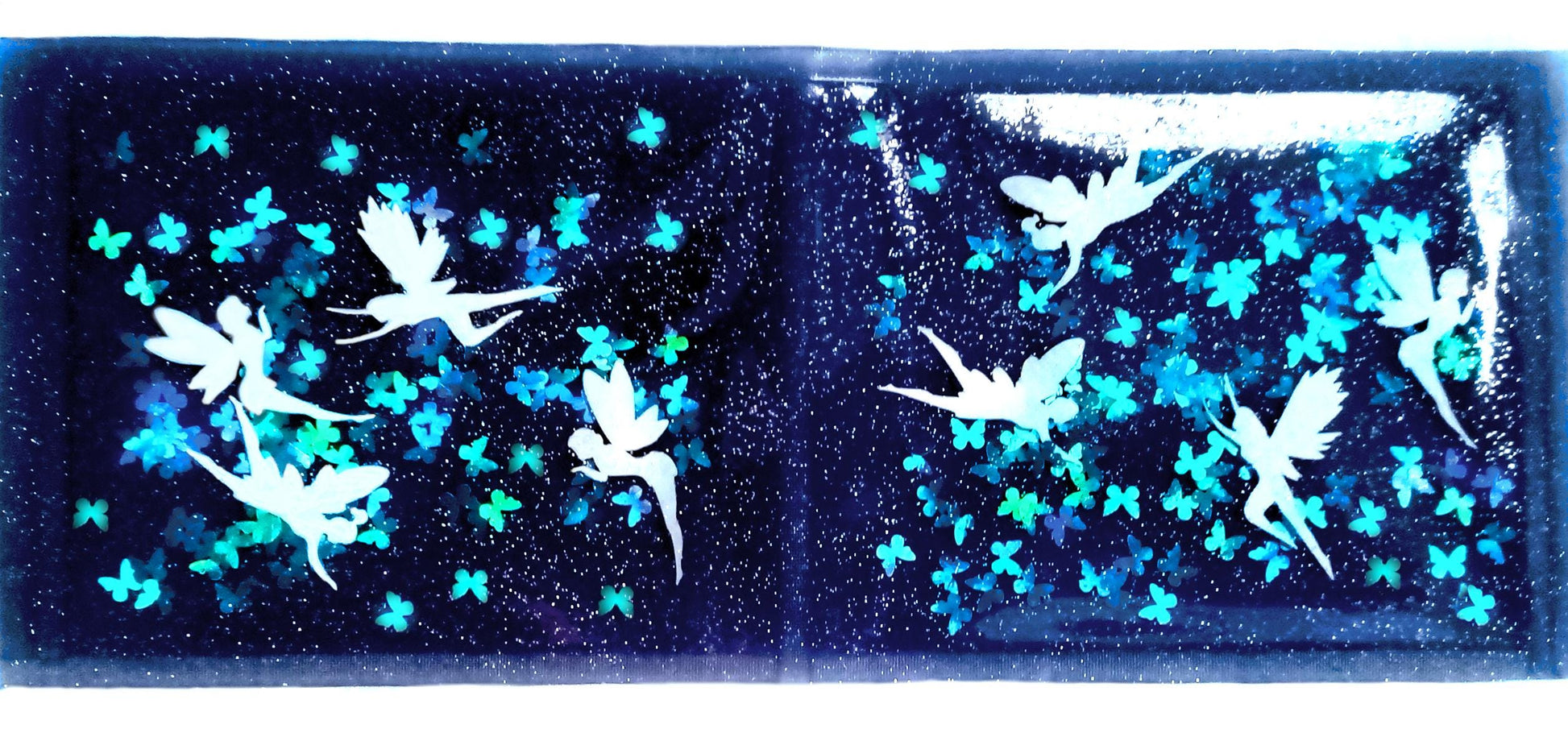 Glow in the Dark Liquid Jelly Wallet with Luminous White Fairies + Holographic Neon Blue Butterflies Sequins Shimmer. Radiant Embellishments