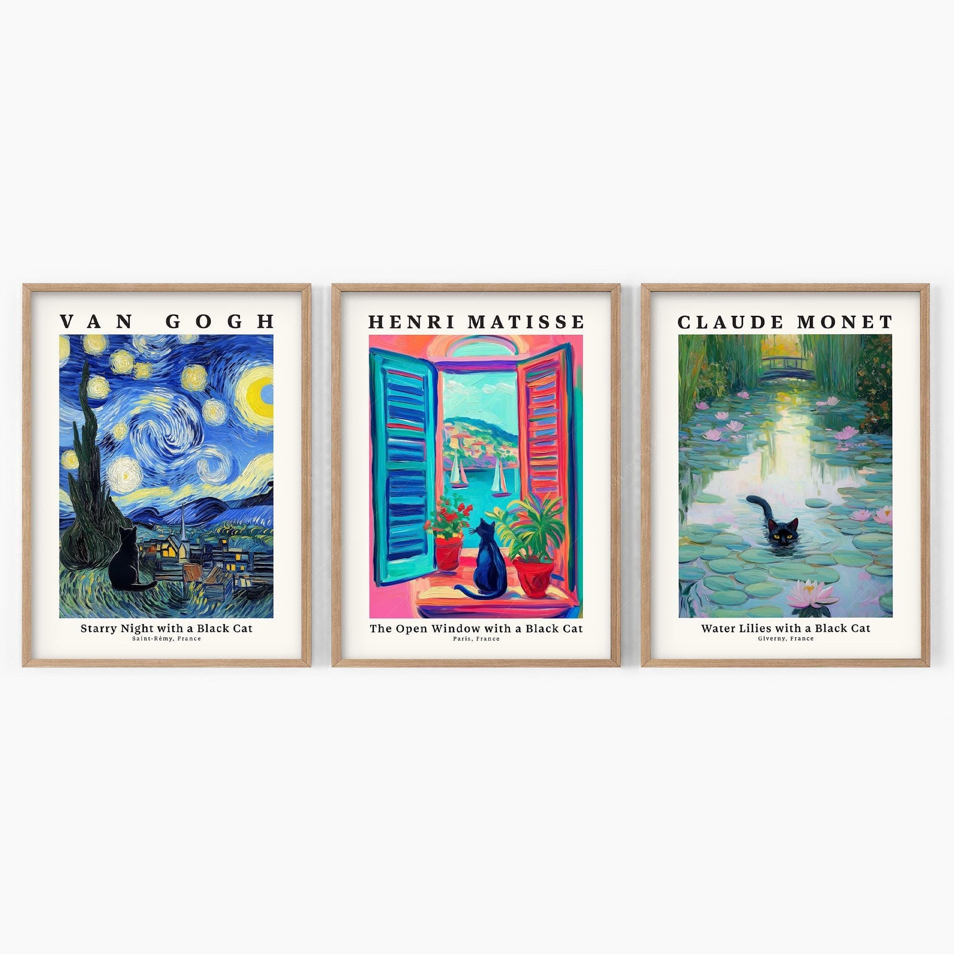 Black Cat Art Print Set – Van Gogh Matisse Monet Inspired Wall Art