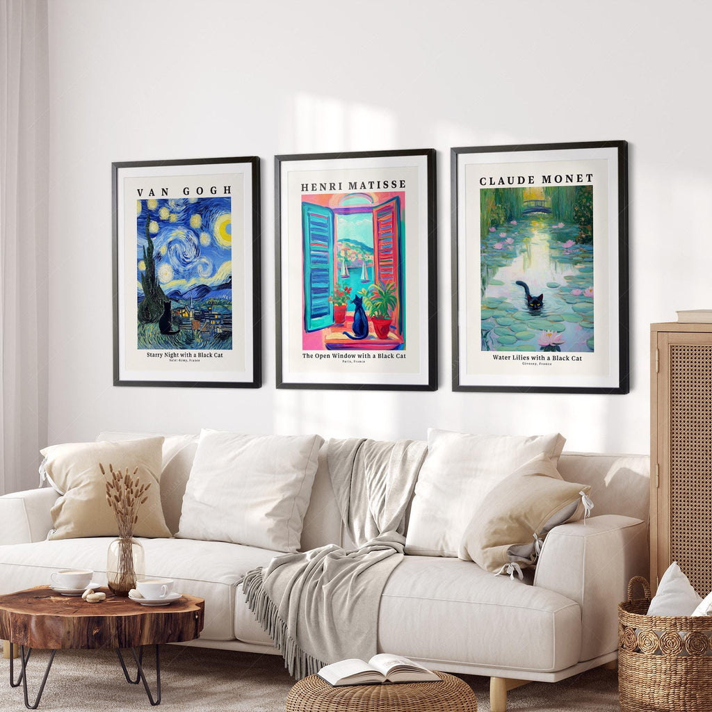 Black Cat Art Print Set – Van Gogh Matisse Monet Inspired Wall Art