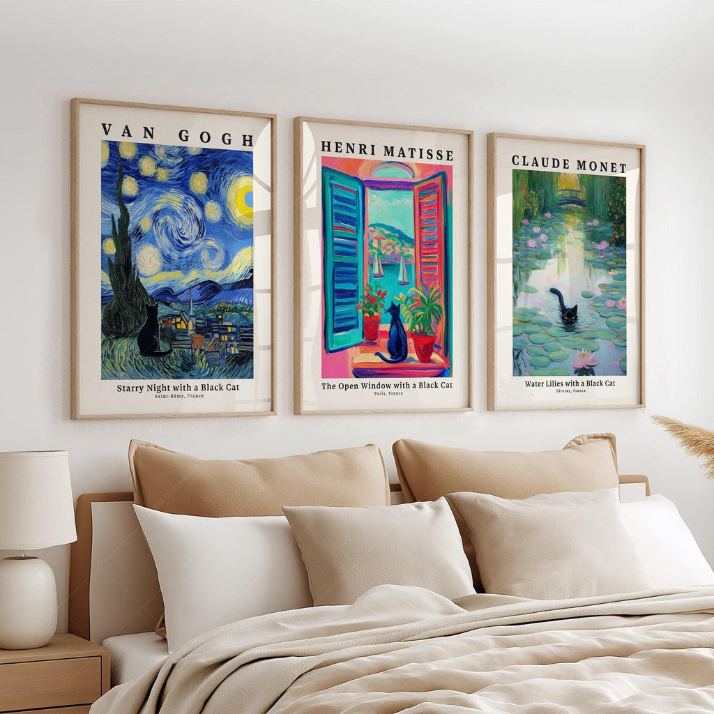 Black Cat Art Print Set – Van Gogh Matisse Monet Inspired Wall Art