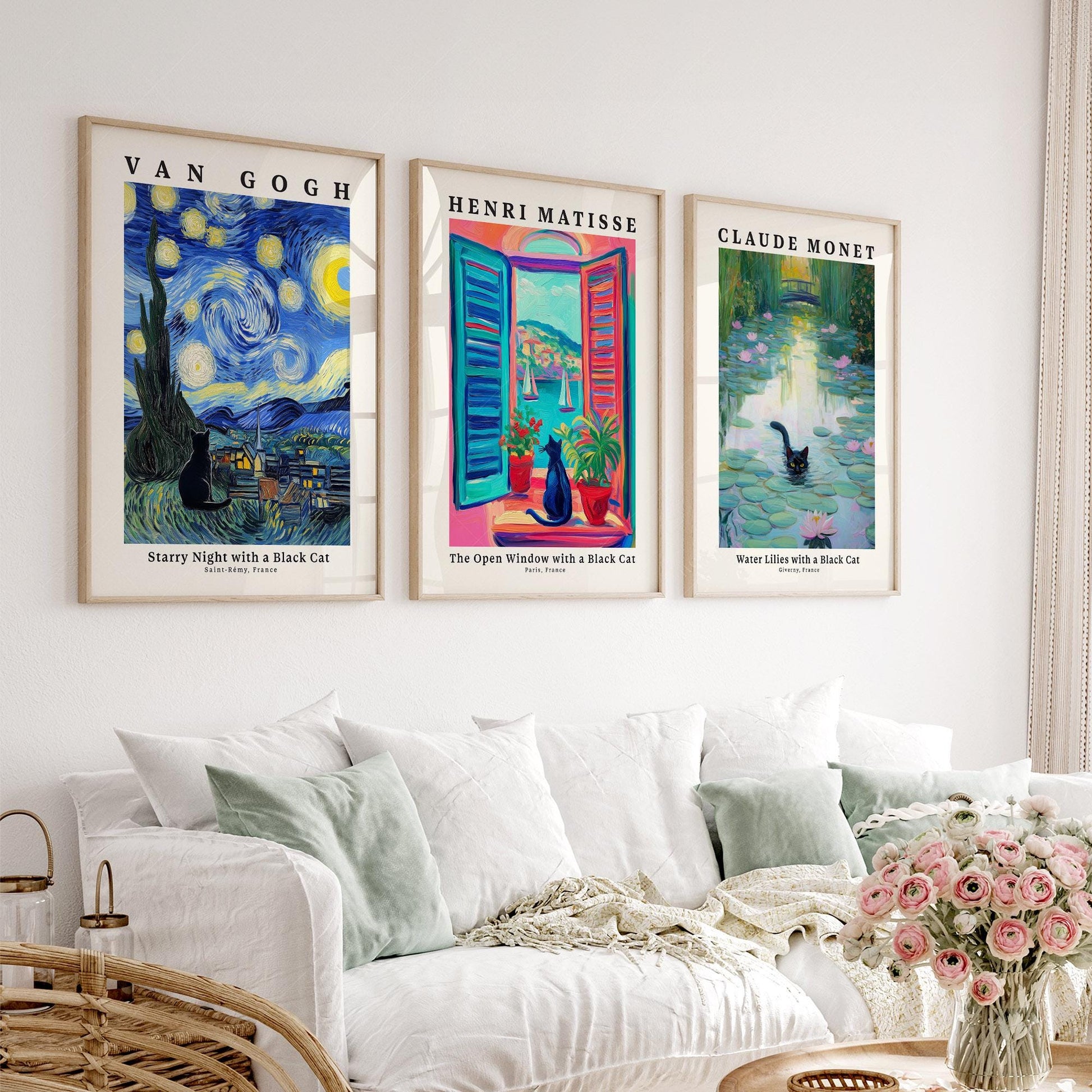 Black Cat Art Print Set – Van Gogh Matisse Monet Inspired Wall Art