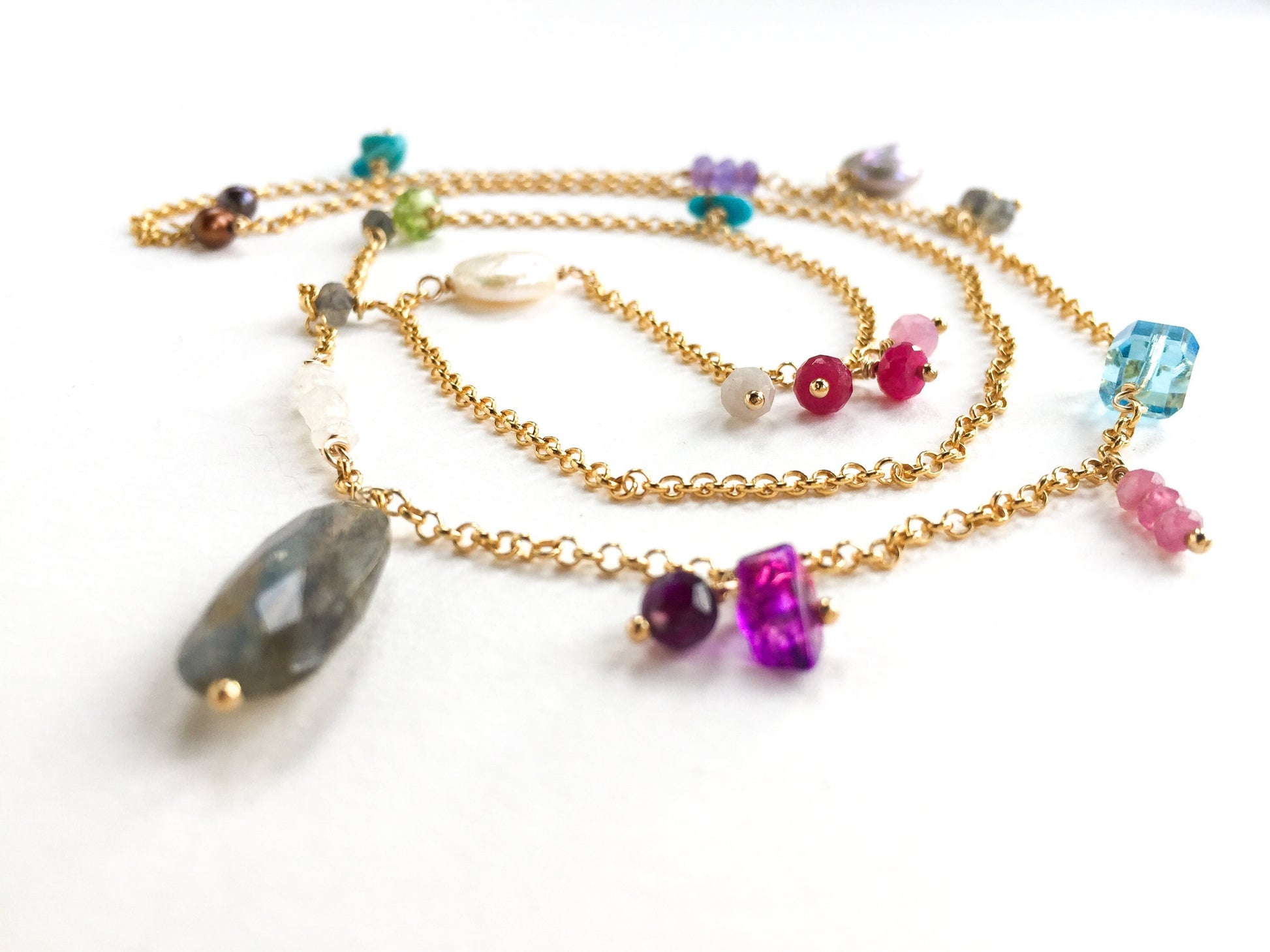 Collier coloré, chaîne en or 14 carats, collier arc-en-ciel, collier multi-pierres précieuses, cadeau pour femme