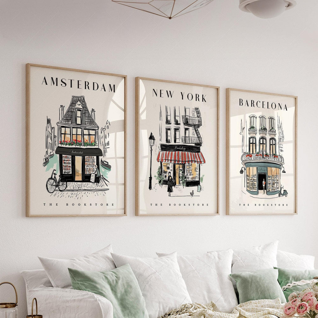 Bookstore Art Print Set – NYC Barcelona Amsterdam Travel Poster Collection