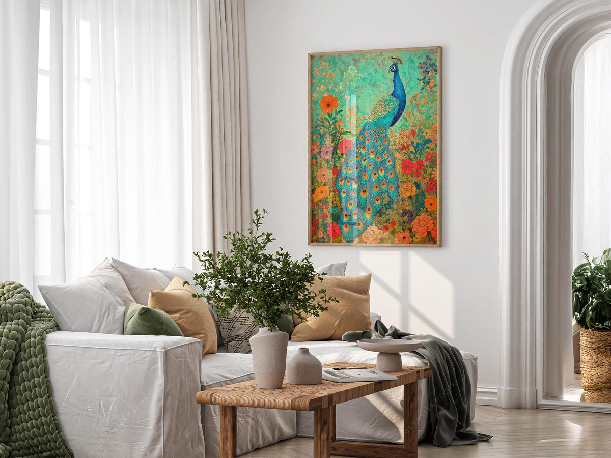 Colorful Peacock Garden Art Print – Vibrant Floral Wall Decor Poster