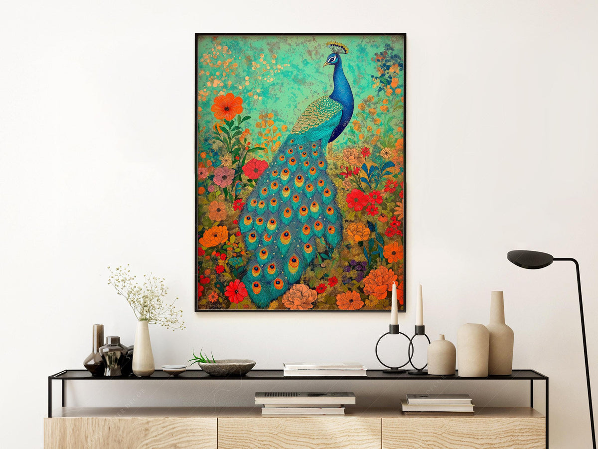 Colorful Peacock Garden Art Print – Vibrant Floral Wall Decor Poster