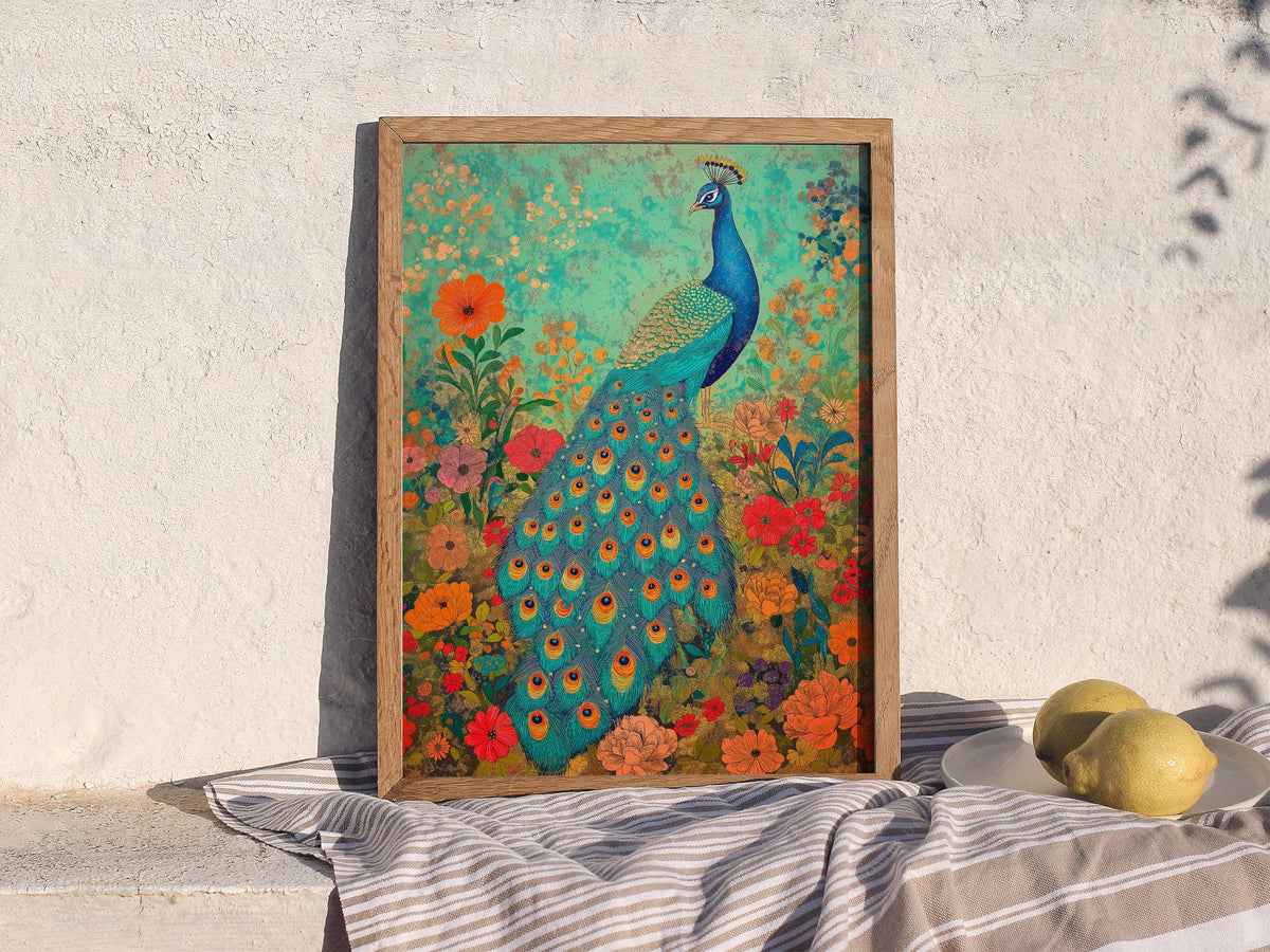 Colorful Peacock Garden Art Print – Vibrant Floral Wall Decor Poster