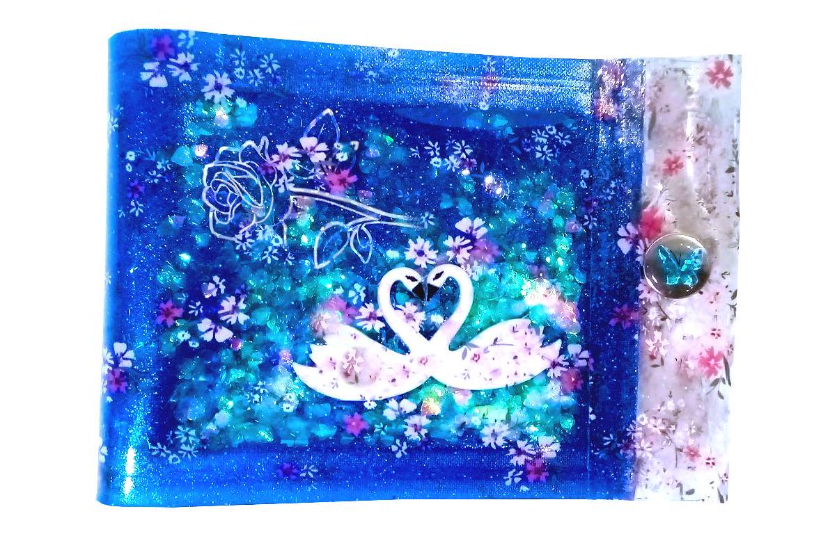 Liquid Glitter Jelly Wallet Heart Shape Swans Love Birds Among Rose Wild Flowers Holograms & Iridescent Holographic Hearts. One-of-a-kind !