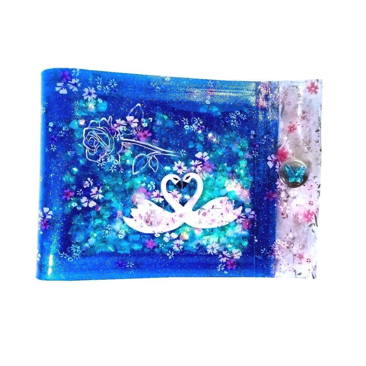 Liquid Glitter Jelly Wallet Heart Shape Swans Love Birds Among Rose Wild Flowers Holograms & Iridescent Holographic Hearts. One-of-a-kind !