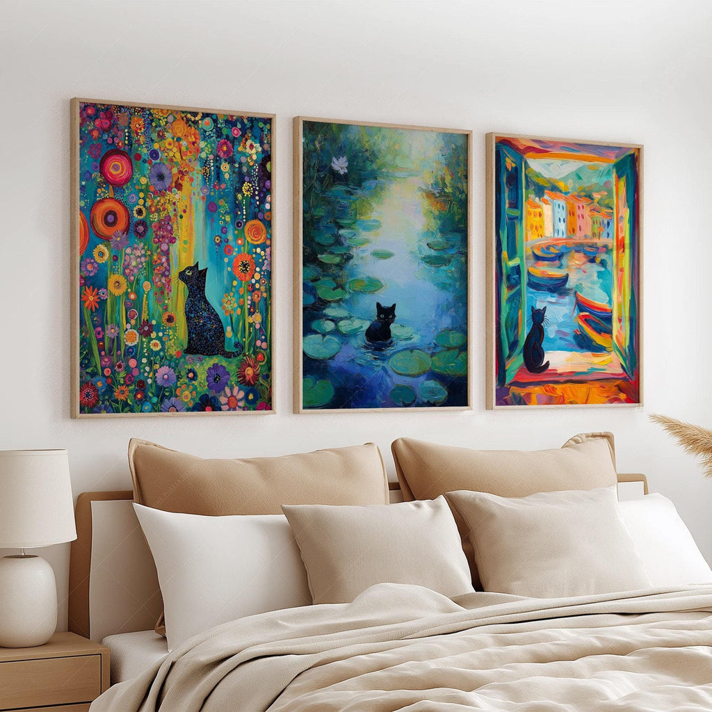 Black Cat Art Print Set of 3 – Famous Paintings Inspired Wall Art Posters