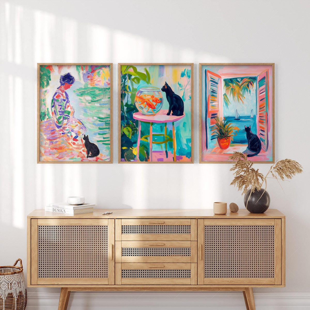 Matisse Inspired Black Cat Art Print Set of 3 – Colorful Wall Art Decor