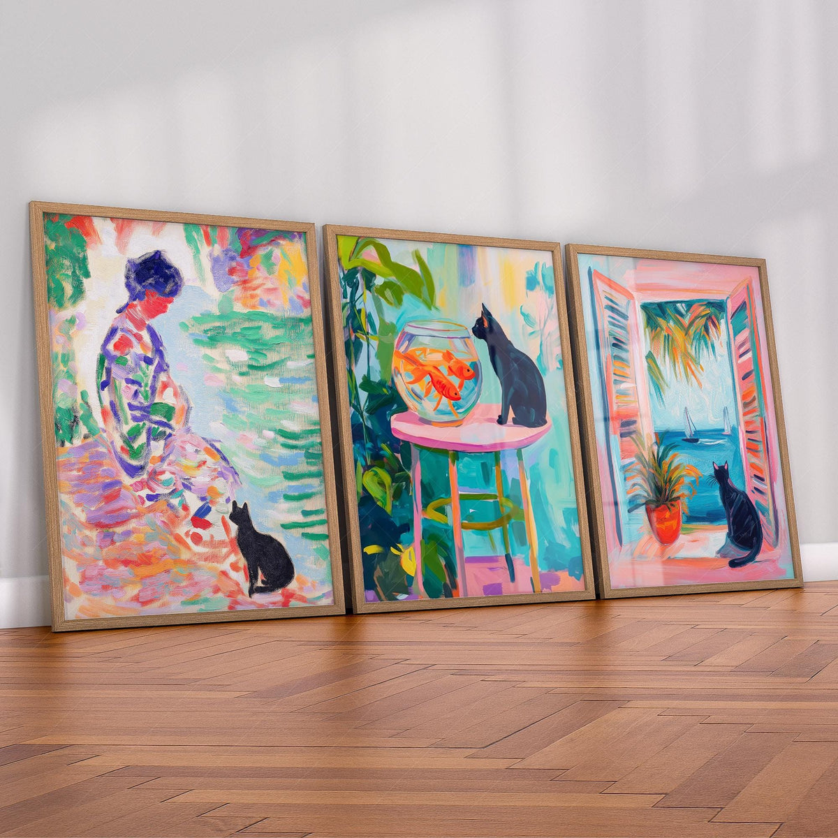 Matisse Inspired Black Cat Art Print Set of 3 – Colorful Wall Art Decor