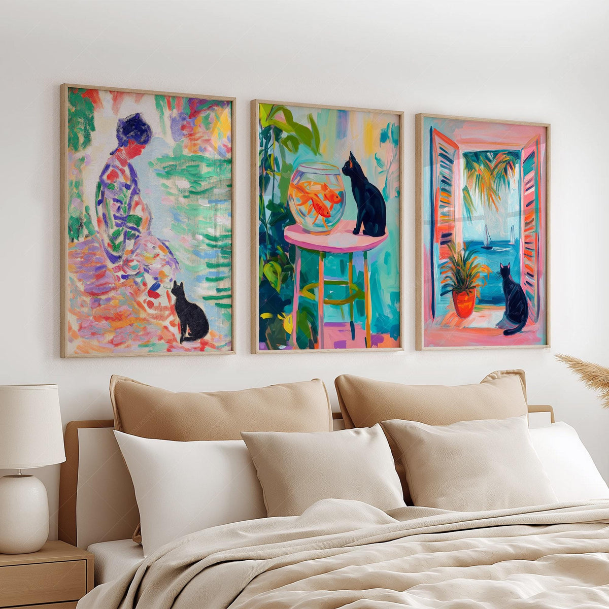 Matisse Inspired Black Cat Art Print Set of 3 – Colorful Wall Art Decor