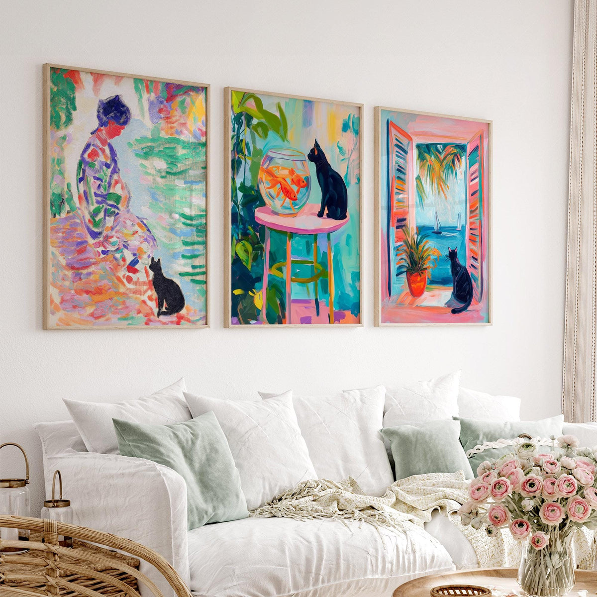Matisse Inspired Black Cat Art Print Set of 3 – Colorful Wall Art Decor