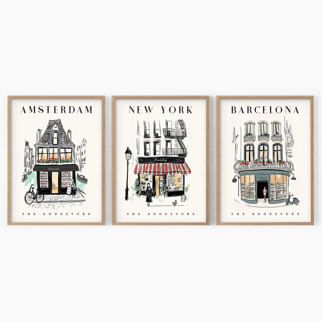 Bookstore Art Print Set – NYC Barcelona Amsterdam Travel Poster Collection