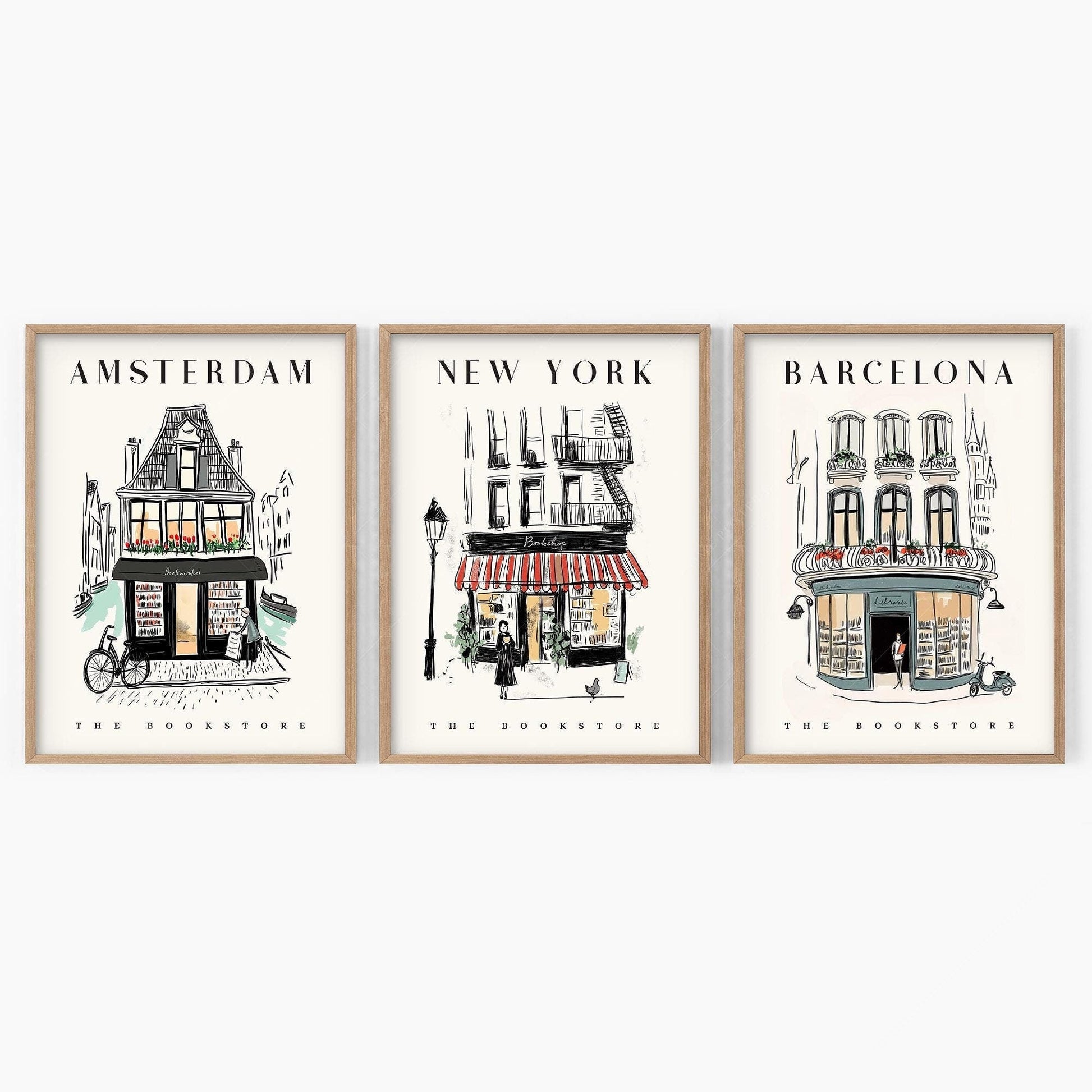 Bookstore Art Print Set – NYC Barcelona Amsterdam Travel Poster Collection