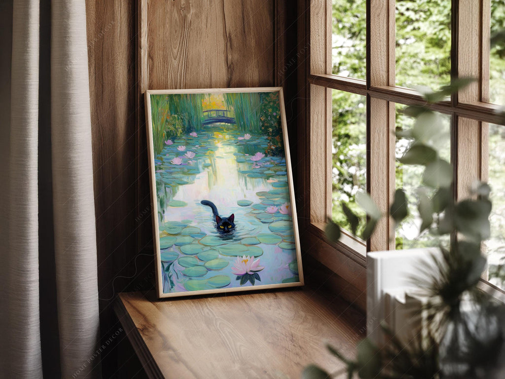 Monet Water Lilies Black Cat Print – Funny Cat Lover Wall Art Poster