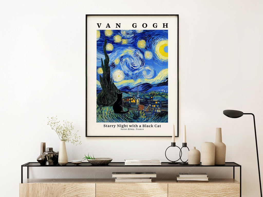 Van Gogh Starry Night with Black Cat Print – Funny Cat Lover Wall Art