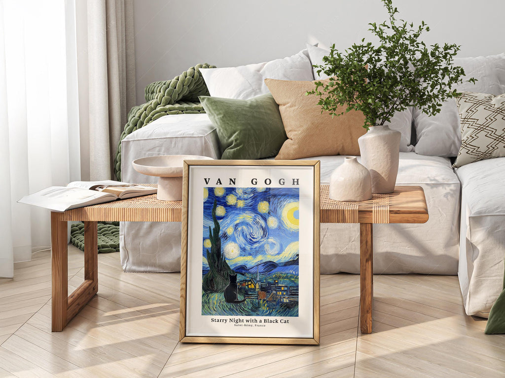 Van Gogh Starry Night with Black Cat Print – Funny Cat Lover Wall Art