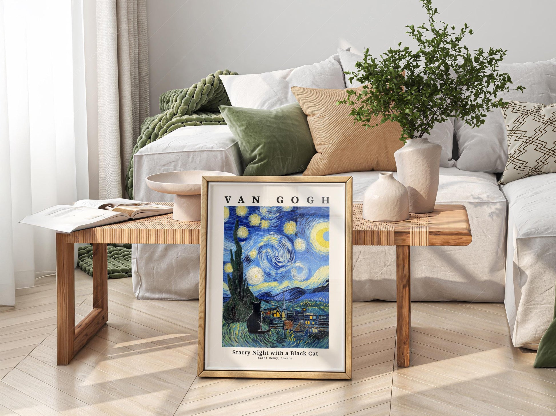 Van Gogh Starry Night with Black Cat Print – Funny Cat Lover Wall Art